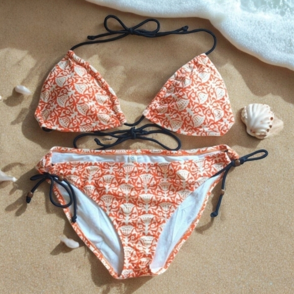 American Eagle Outfitters Orange & Cream String Bikini w Black Beaded Ties L/XL - Picture 1 of 11